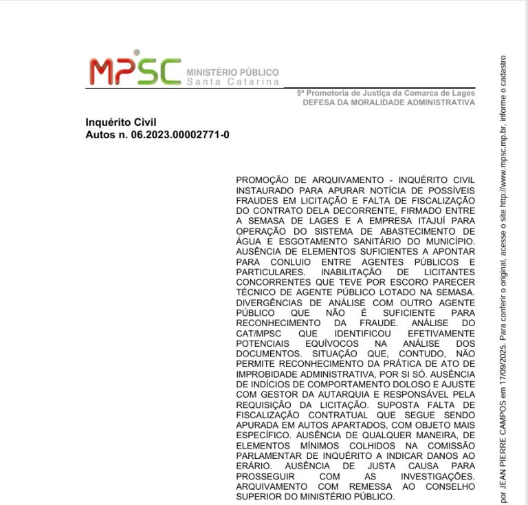 MPSC: arquivamento do inquérito da Semasa